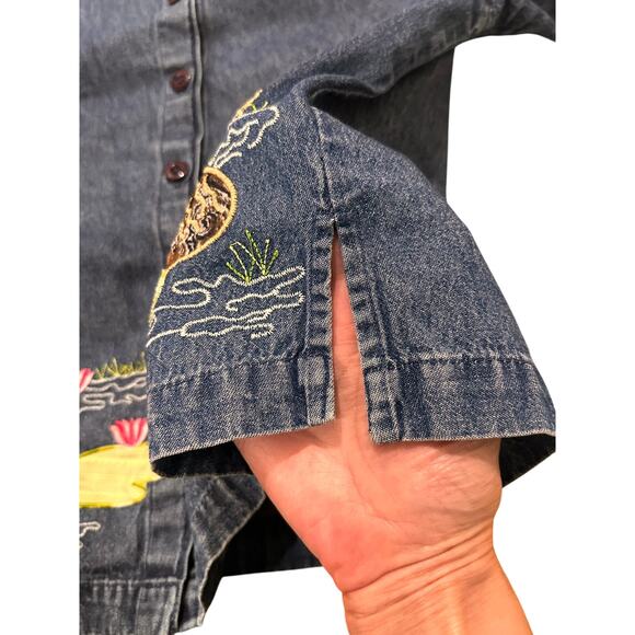 VTG New Direction Embroidered Flamingo Denim Button Front Shirt, size S - Picture 6 of 9